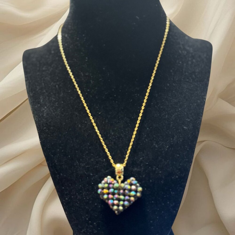 Crystal heart pendant with gold plated chain (black and multicolor crystals) - Picture 1 of 2